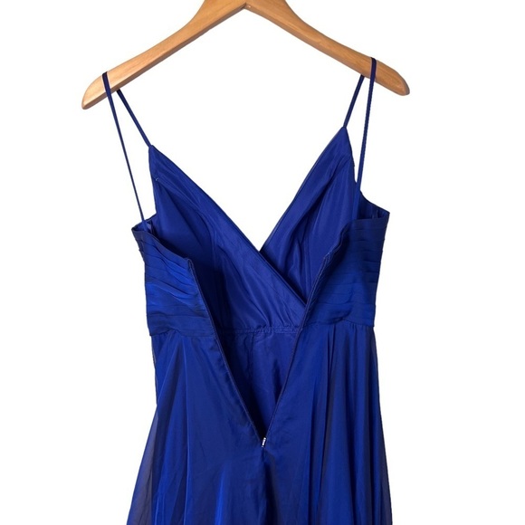 La Femme Pleated Bodice V Neck Chiffon Dress Gown Blue Size 0 Leg Slit Faux Wrap - Picture 7 of 9